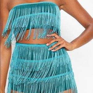 Dusty Turquoise Tassel Bandeau Crop Top